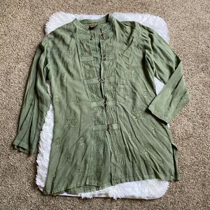 Geeta Tunic Top Over Shirt Embroidered Bohemian Button Front Green Rayon India
